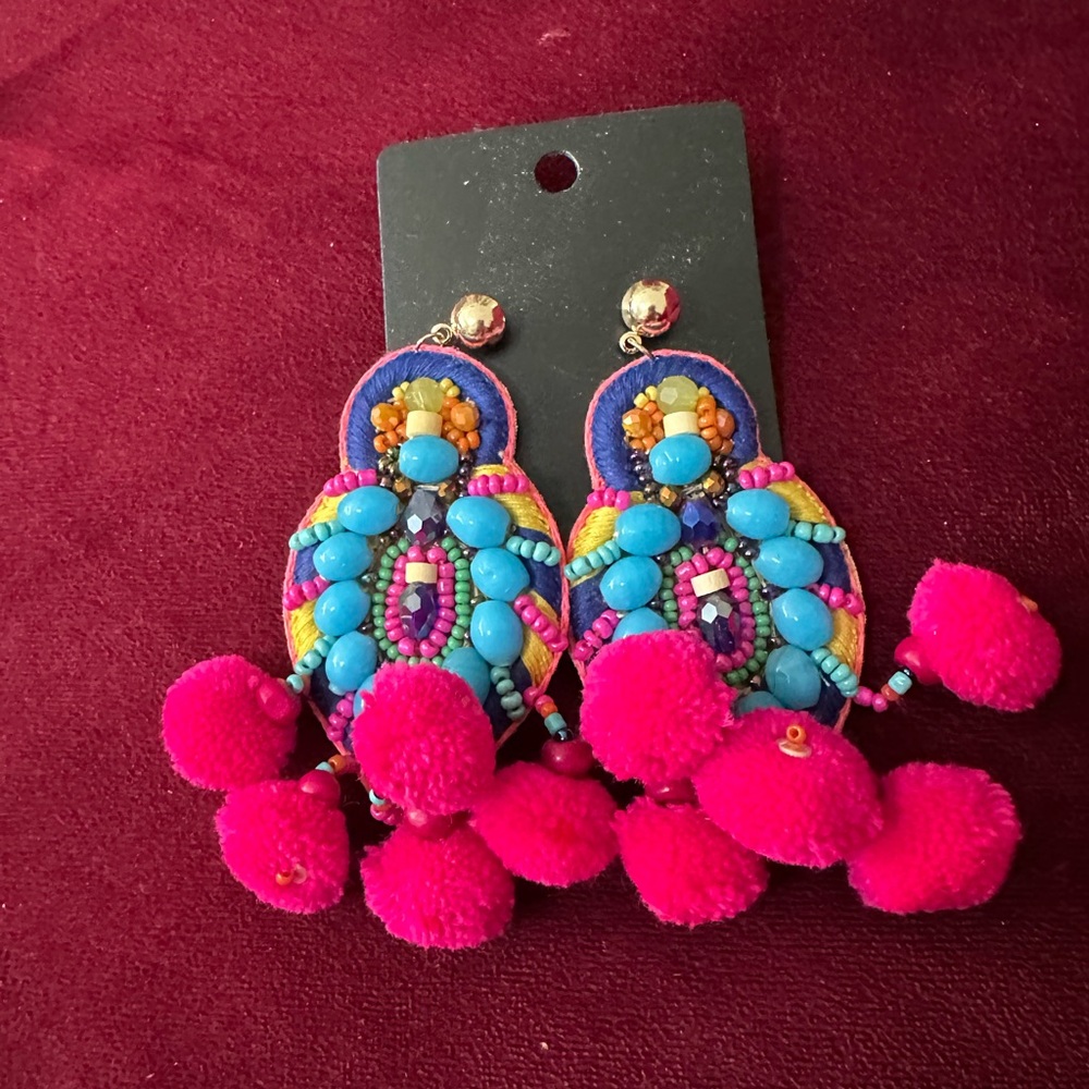 Vibrant Beaded Pom Pom Earrings